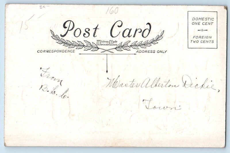 Christmas Postcard Little Girl Hanging Stockings Anthropomorphic Gifts Embossed