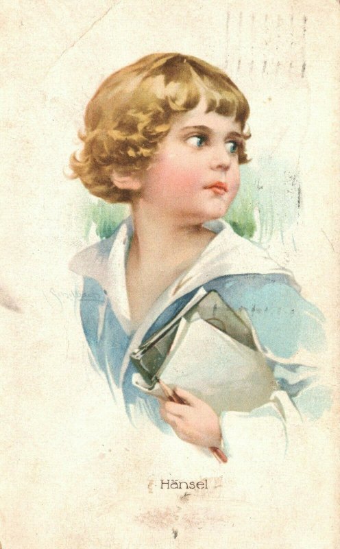 Vintage Postcard 1925 Hansel Young Girl Portrait with Books 