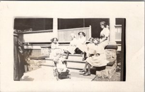 RPPC Group Girls on Porch Steps with Bows Edwardian Postcard X8