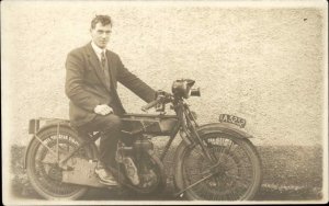 Man on Motorcycle License Plate Publ Blackpool UK Real Photo Postcard