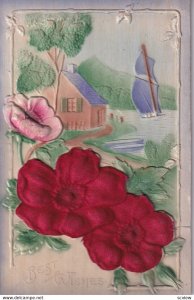 EMBOSSED, Best Wishes, Sain Red Flowers & Pink Flower, Water front Home & S...