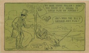 Postcard 1913 Sunday Fishing lecture comic humor Green Tint 23-1525