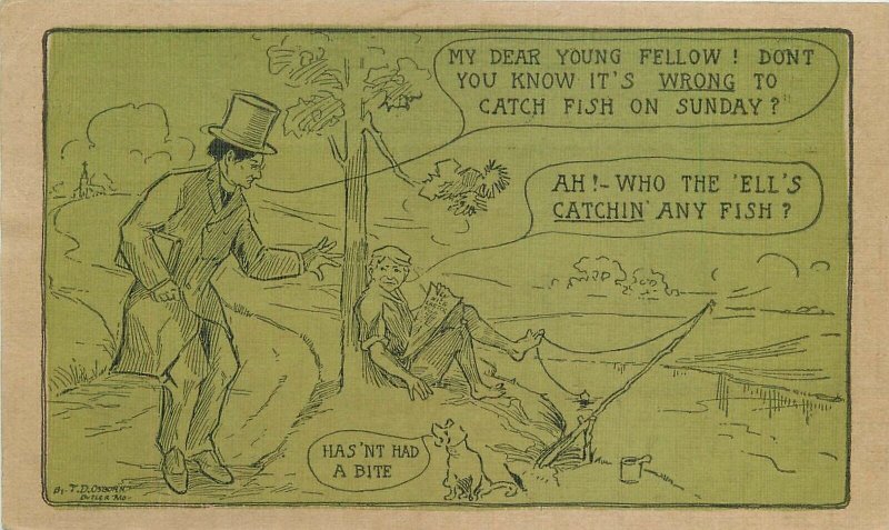 Postcard 1913 Sunday Fishing lecture comic humor Green Tint 23-1525