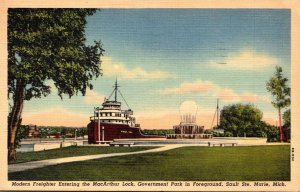 Michigan Sault Ste Marie Modern Freighter Entering MacArthur Lock 1949 Curteich