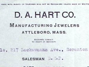 1913 ATTLEBORO MASSACHUSETTS D.A. HART CO JEWELERS JEWELRY BILLHEAD INVOICE Z188