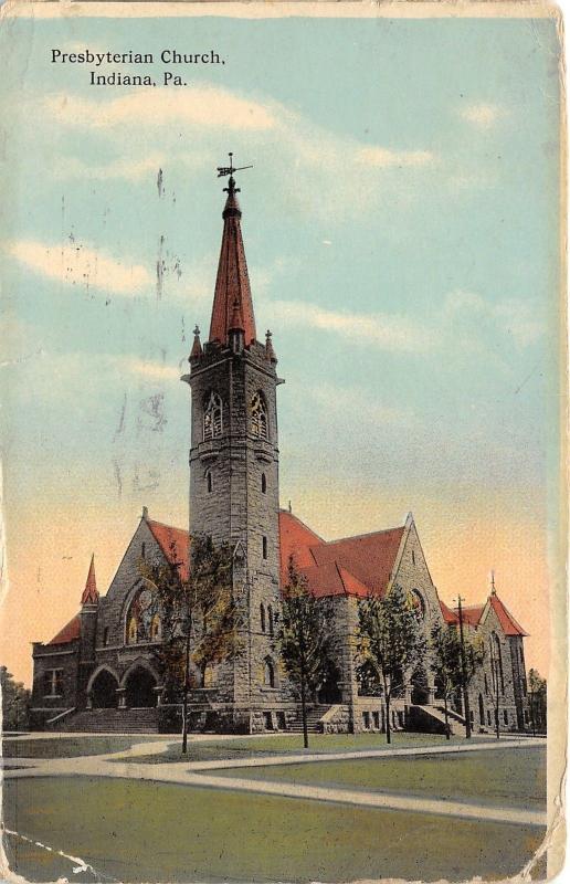 Indiana Pennsylvania~Presbyterian Church~Stone Bldg with Tall Steeple~1913 PC