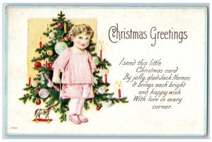 Christmas Postcard Greetings Christmas Tree Little Boy With Toy Embossed c1910's