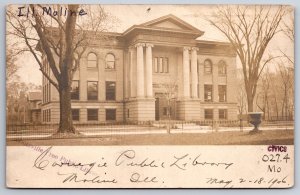 Moline Carnegie Public Library~Wrought-Iron Fence~Horse Watering Trough RPPC UDB