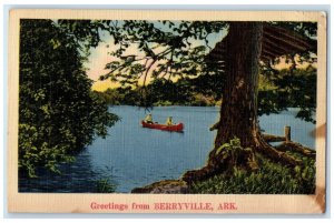 1942 Greetings From Berryville Arkansas AR Lake Canoeing Scene Vintage Postcard