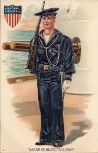 US Navy Sailor on Guard, 1910, Embossed, Ship, Uniform, Pre-WWI, Rifle Artillery
