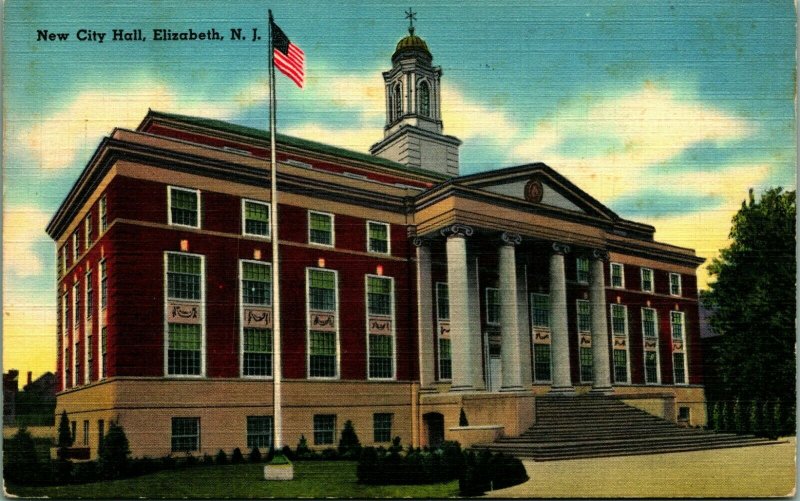 Elizabeth NJ New Jersey City Hall Building Vtg Linen Postcard United
