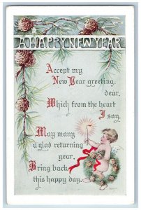 Manchester Iowa IA Postcard New Year Angel With Candle Pinecone 1915 Antique