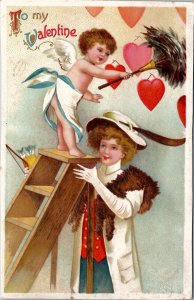 Valentine Clapsaddle Cupid Dusting off Hearts Fancy Woman & Ladder Postcard X13