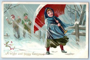 Christmas Postcard Children Snowball Blowing Wind Winter Scene Embossed Tuck 102