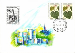 CONTINENTAL SIZE POSTCARD UNITED NATIONS VIENNA STAMP EXPO 1990 DUAL FRANKING