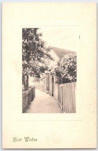 Vtg Best Wishes Postcard German Print Street Scene House Trees