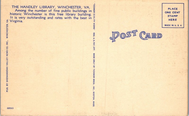 The Handley Libary, Winchester Va , Moonlight Card, Unposted