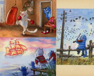 Lot of 3 Blue Cats Zeniuk Postcards Unposted Postcards Boxing Melody Sails