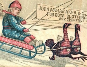 1870s John Wanamaker Clothing Winter Turkeys Pulling Sled Cute Boy P221