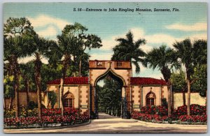 Vtg Sarasota Florida Fl Entrance To John Ringling Mansion 1940s View Postcard