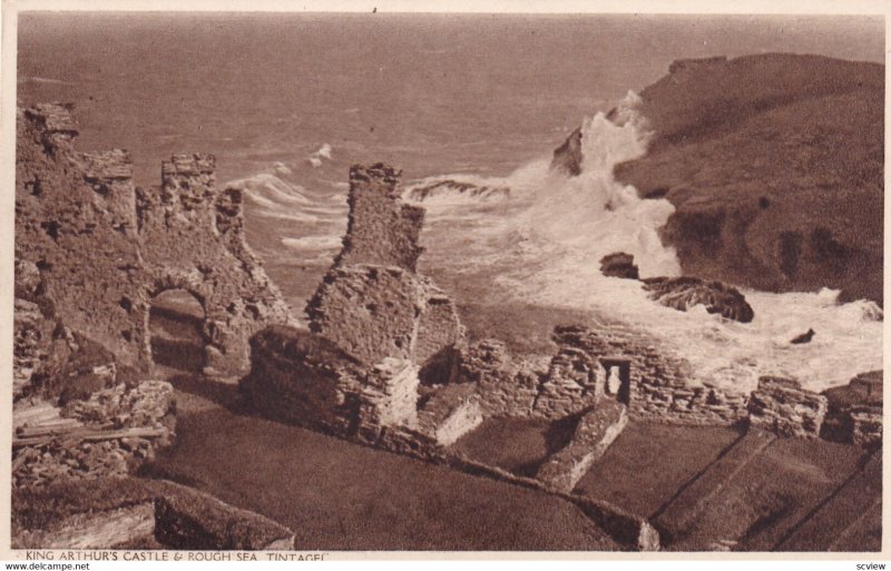 TINTAGEL, Cornwall, England, 1930-1950s; King Arthur's Castle & Rough Sea