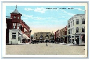 c1920 Chestnut Street Exterior Store Building Cars Burlington Wisconsin Postcard 