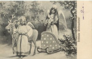 Froliche Weihnachten Angels In Reindeer Sleigh Christmas Postcard 315