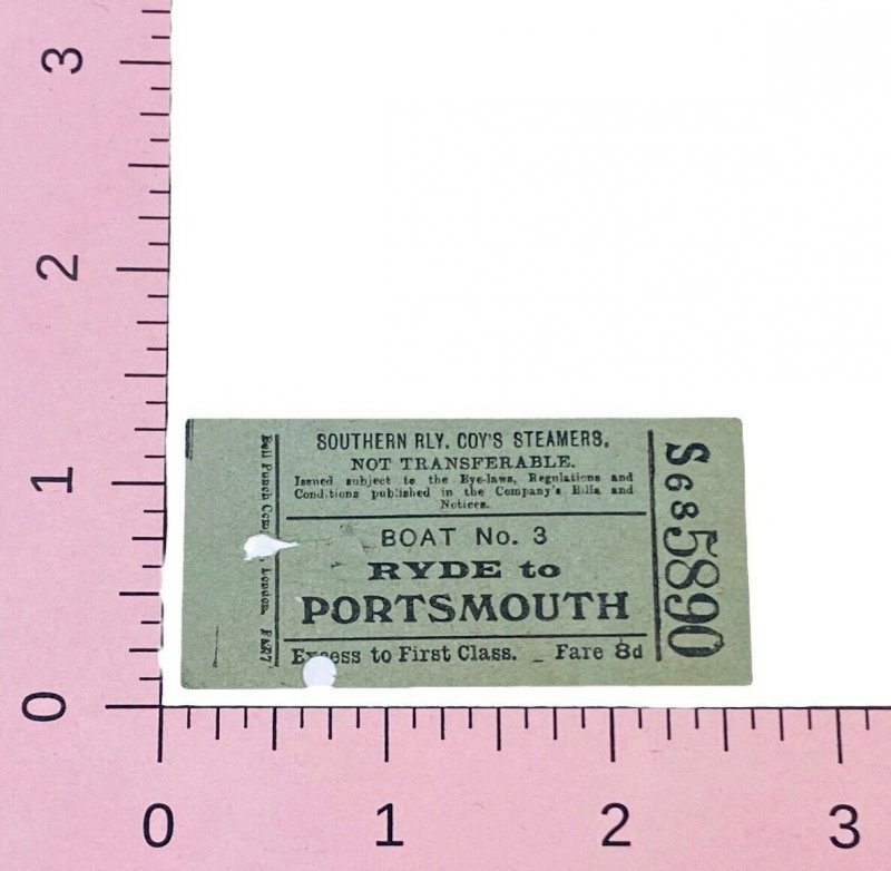 1940s Portsmouth United Kingdom Southern Railway Coy's Steamers Ticket