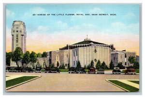 Vintage 1930's Postcard Shrine of the Little Flower Royal Oak Michigan Old Cars