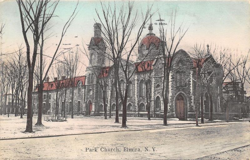 Elmira New York~Park Church~Bare Trees~Snow on Ground?~Unpaved Street~1907 PC