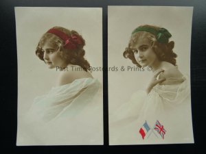 British & French Flags 2 x PORTRAIT OF YOUNG GIRL WITH BOWS c1910 RP Postcard