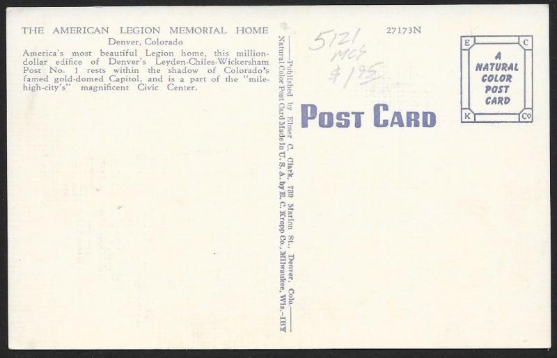 American Legion Memorial Home Post #1 Denver Colorado Unused c1940s