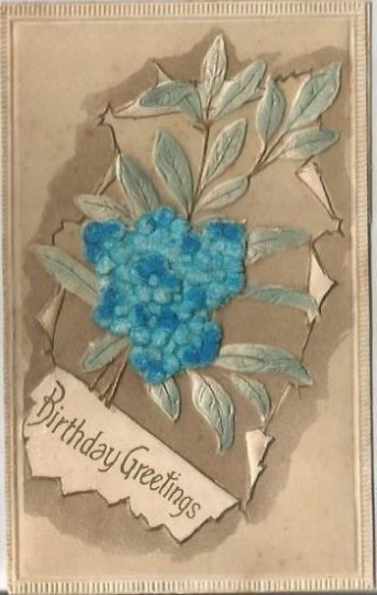 Birthday Greetings Forget-Me-Nots Heavily Embossed Airbrushed and Flocked Blue