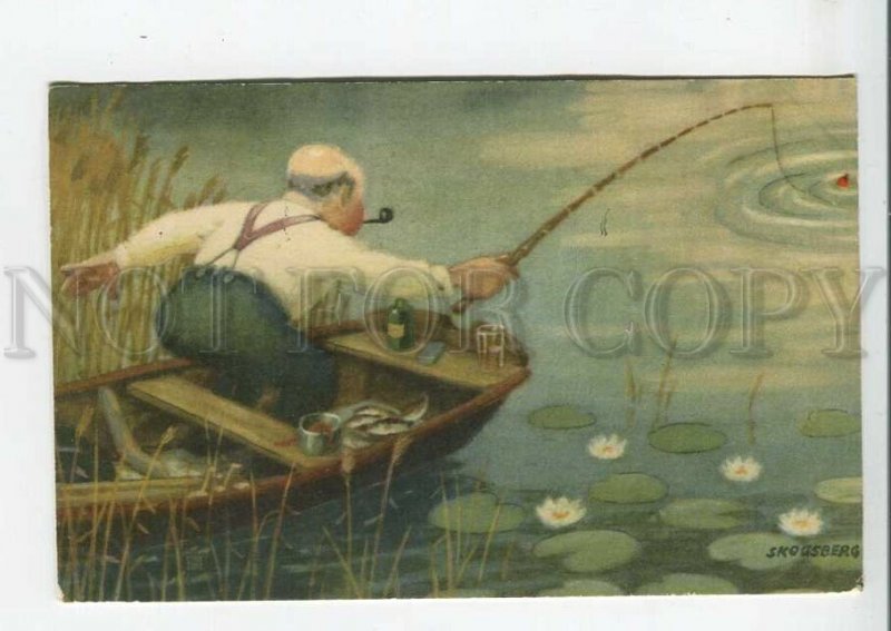 444072 SKOGSBERG Drunk Fisherman w/ bottle COMIC Vintage postcard