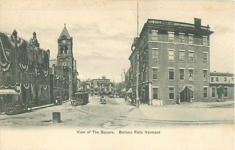 Bellows Falls, Vermont Town Square, Patriotic Bunting Undivided Back Postcard 