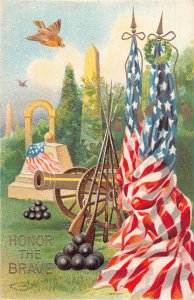 US Patriotic Honor the Brave Flag Canon Bird 1910 embossed postcard B986