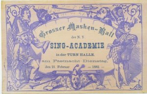 1882 Grand Masquerade Ball Ticket at Turn Hall, NY Clown's Comical Card &S
