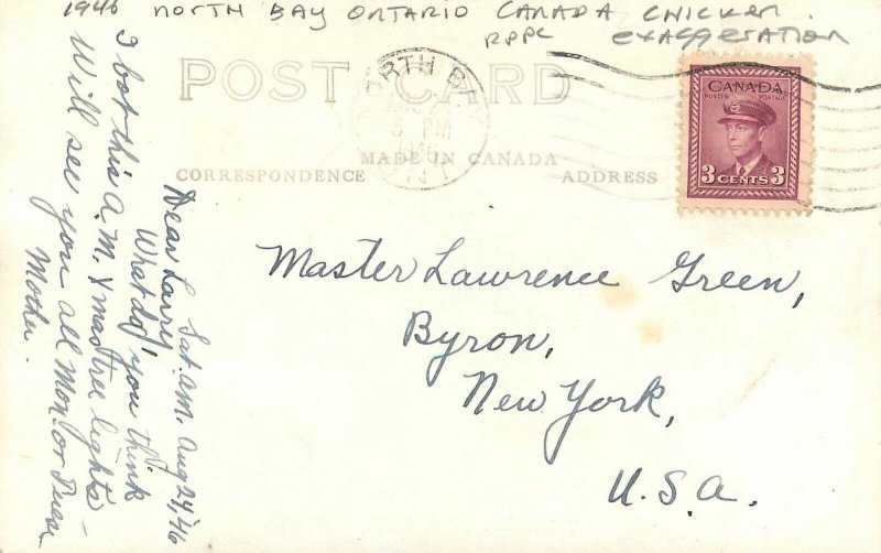 Postcard RPPC Canada Ontario North Bay Chicken Exaggeration 1946 23-7804