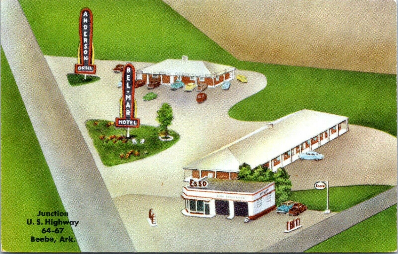Beebe Arkansas Bel Mar Motel Anderson Grill Esso Gas Station 1950s