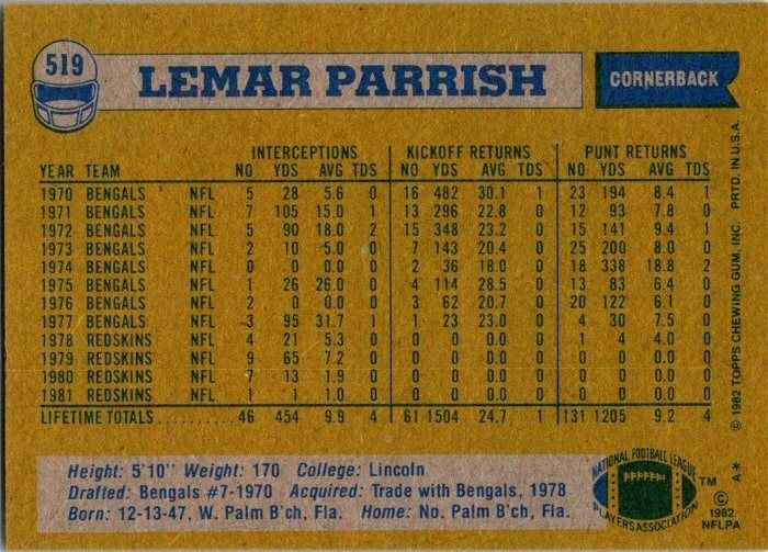 1982 Topps Football Card Lemar Parrish Washington Redskins sk8972