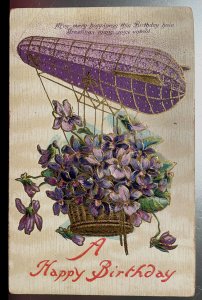 Vintage Victorian Postcard 1910 A Happy Birthday - Zepplin with Violet Basket