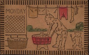 Monday Teddy Bears Washing Laundry Real Leather c1910 Vintage Postcard