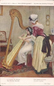 Girl & Teacher w Harp, Music. France 1913, Woman Arist Signed, Mother & Daughter