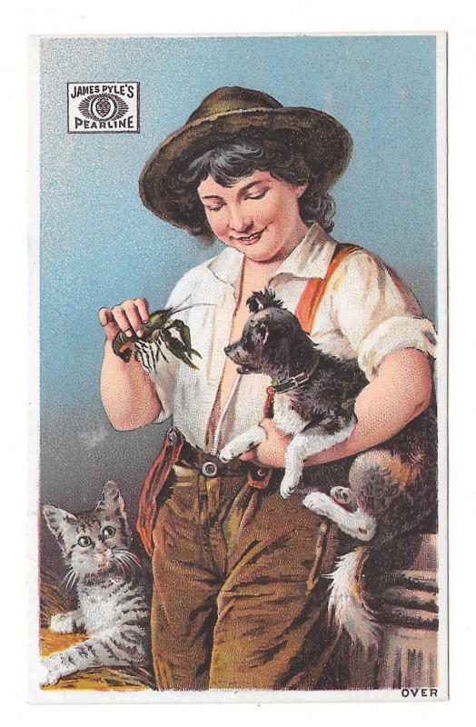 Victorian Trade Card James Pyles Pearline Soap Boy Crawfish Dog Cat Advertising