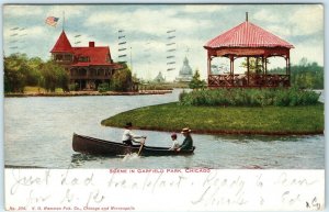 1907 Chicago, ILL Garfield park Canoe Rowing Litho Photo Postcard Gazebo A35