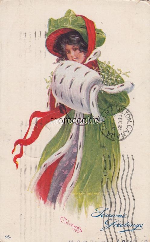 ARTIST SIGNED C. TWELVETREES CHRISTMAS LADY IN GREEN & RED w MUFF 1907 GALT ONT.