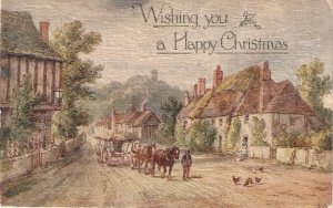 A.R.Quinton. Village street with horse carts Old vintage English Greetings PC