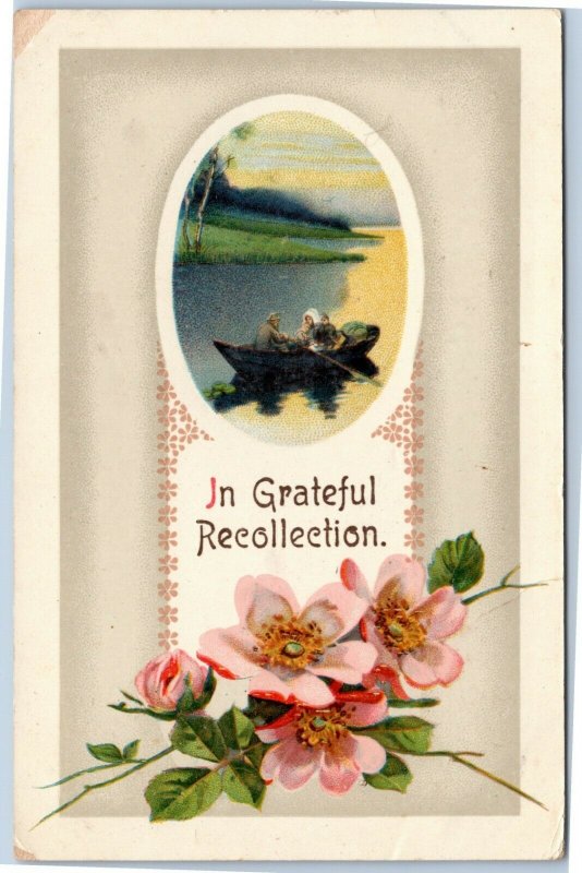 In Grateful Recollection - family in boat, flowers greetings postcard