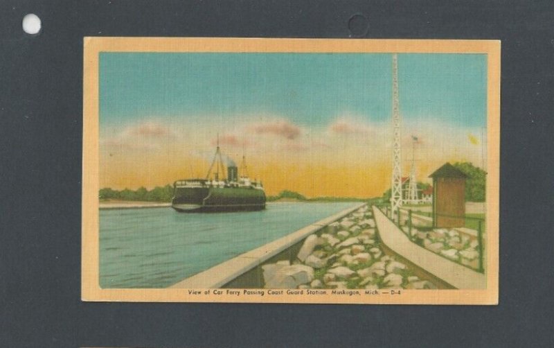 Ca 1927 Post Card Muslegon Mi Car Ferry Passing Coast Guard Station