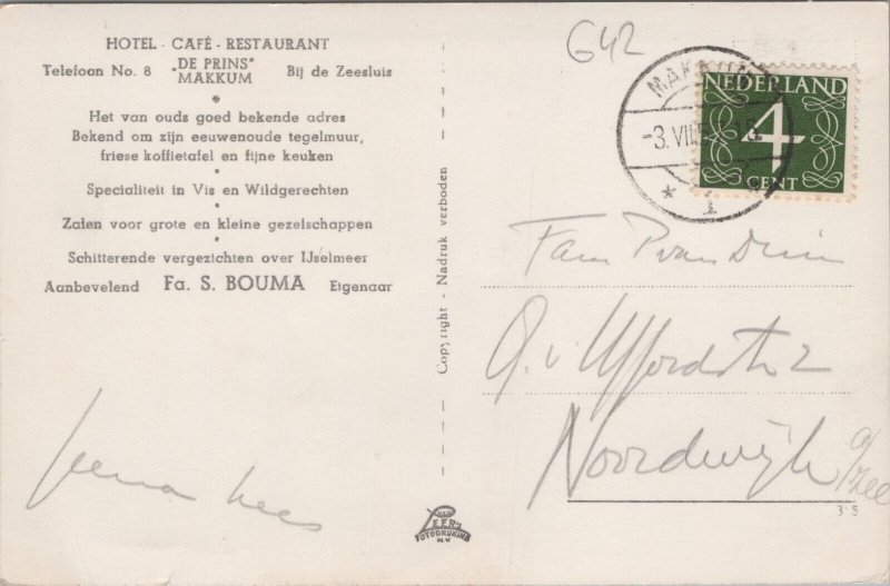 Netherlands Hotel De Prins Makkum Friesland RPPC C019